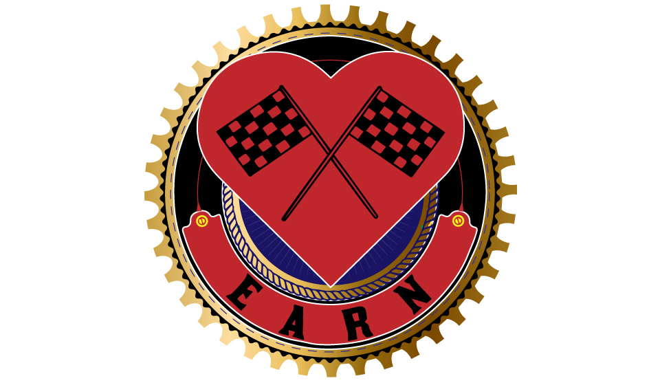 Chrome-EARN badge with red heart, crossed flags, and gold gear border